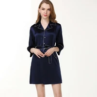 100 genuine silk nightdress female business turn down collar nightgowns navy blue long sleeve summer silk women sleepwear
