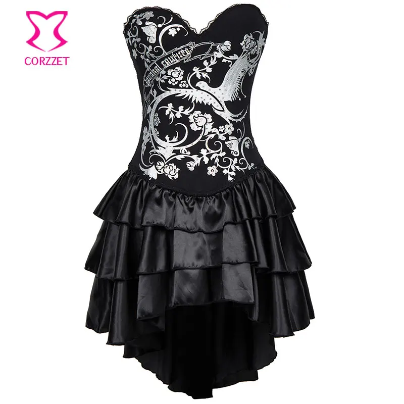 Готический корсет в стиле панк рок с серебристым рисунком Феникса сексуальное