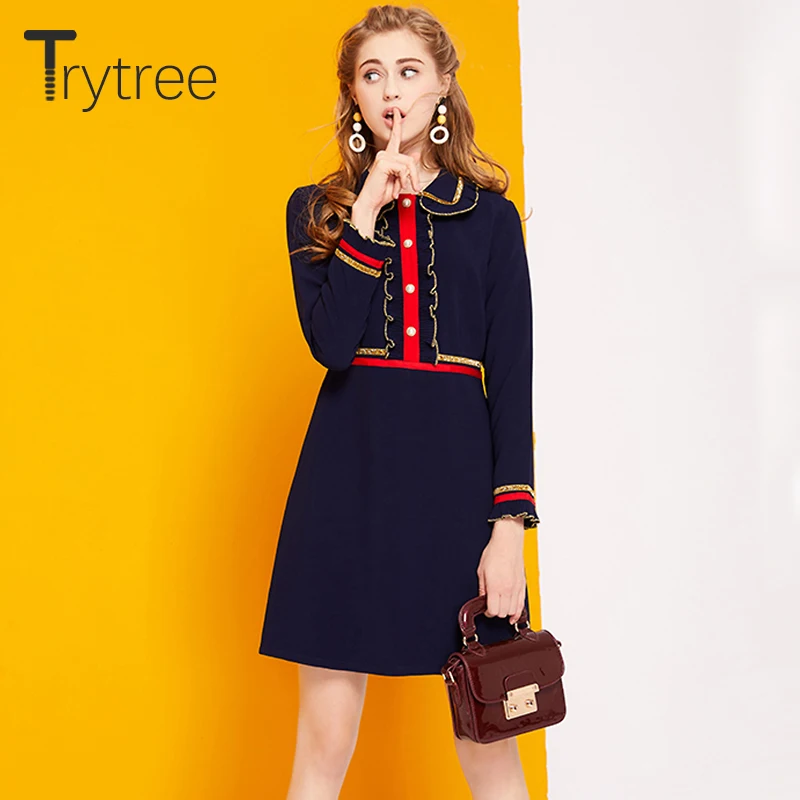 Trytree, летнее платье с оборками, повседневное, полиэстер, пэчворк, мини, для женщин, платья, Питер Пэн, воротник, для офиса, леди, повседневное, прямое платье