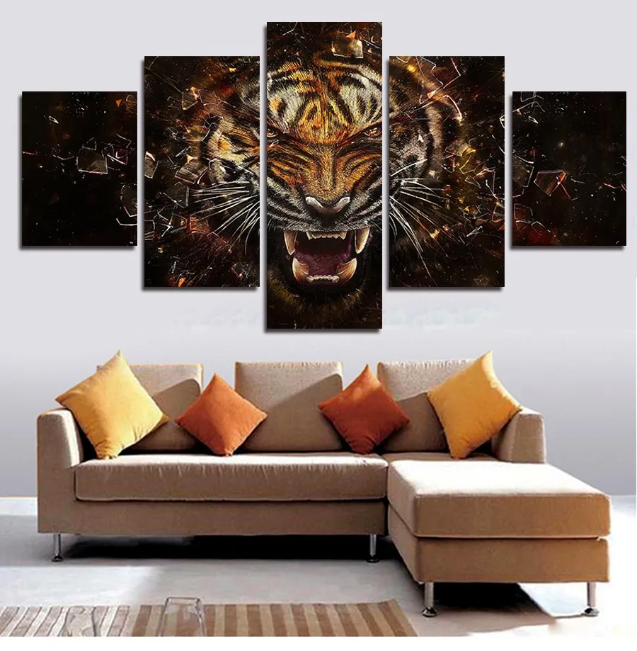 Большой постер HD печатная картина 5 панелей животные тигр холст печать искусство