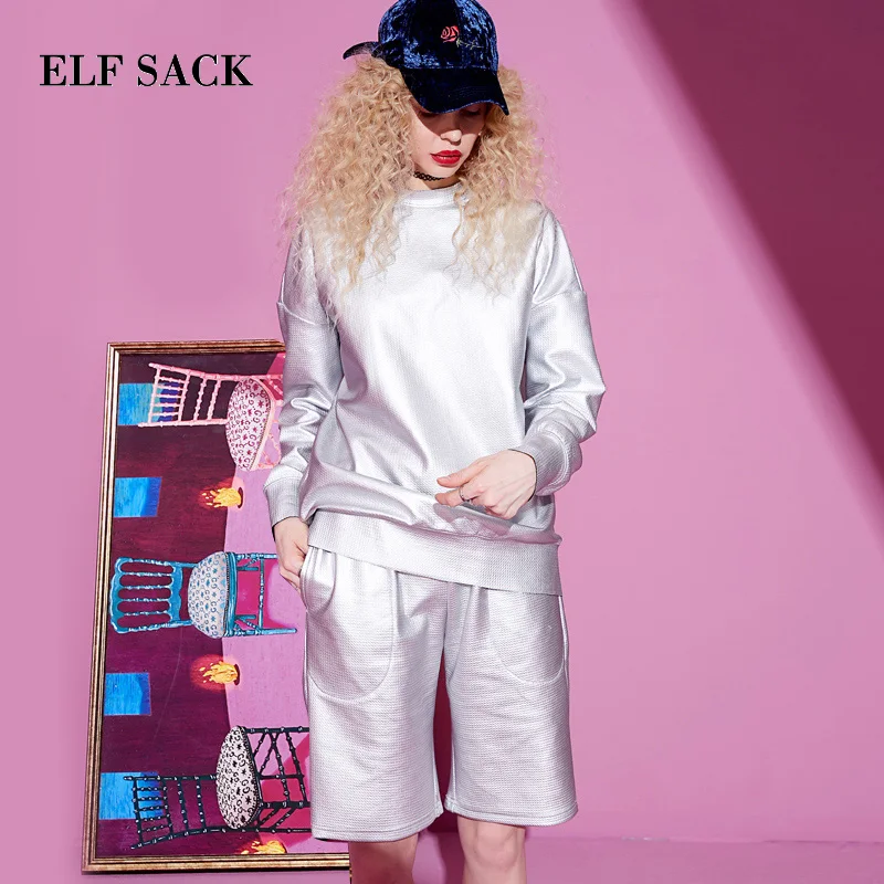 ELFSACK, новинка, Женский комплект из 2 предметов, повседневный Серебряный Женский пуловер с круглым вырезом и эластичной талией, женские шорты в уличном стиле