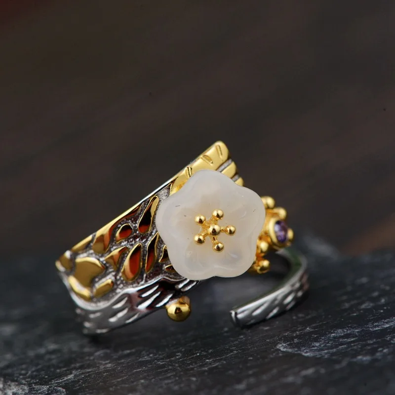 Gold emperor S925 silver  process ring opening for women wholesale silver inlaid hetian jade plum flower ring