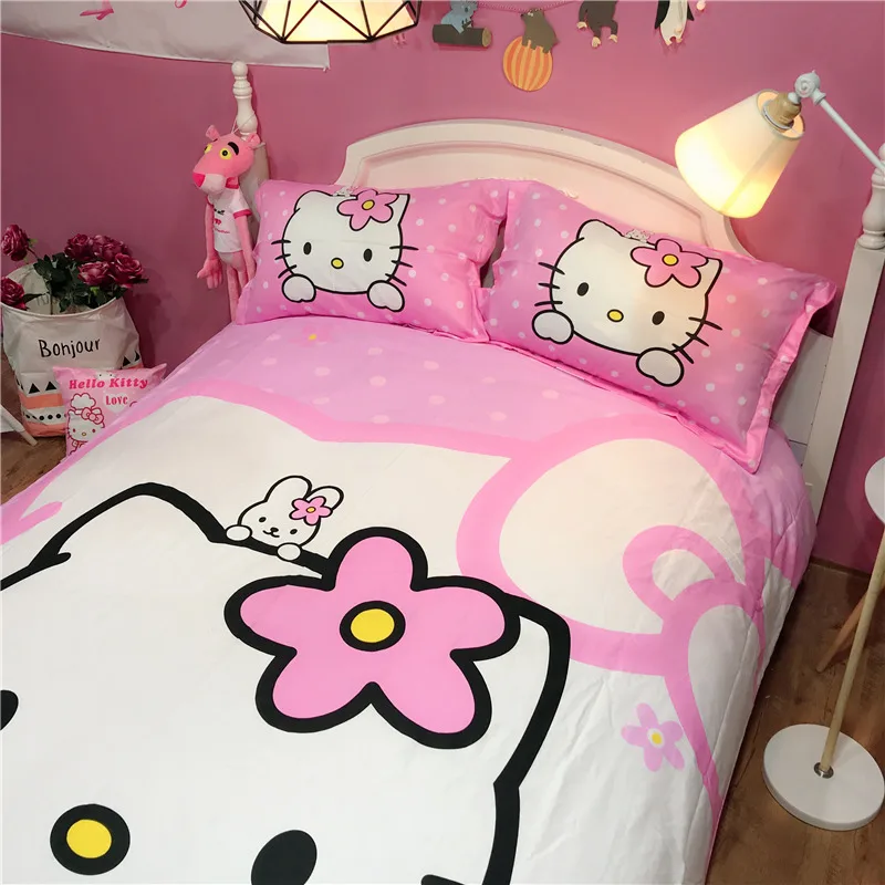 100% хлопок сладкий и прекрасный hello kitty постельного белья Твин Полный Королева