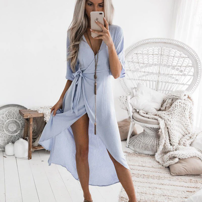 Женское длинное пляжное платье бохо повседневное асимметричное размера плюс с v