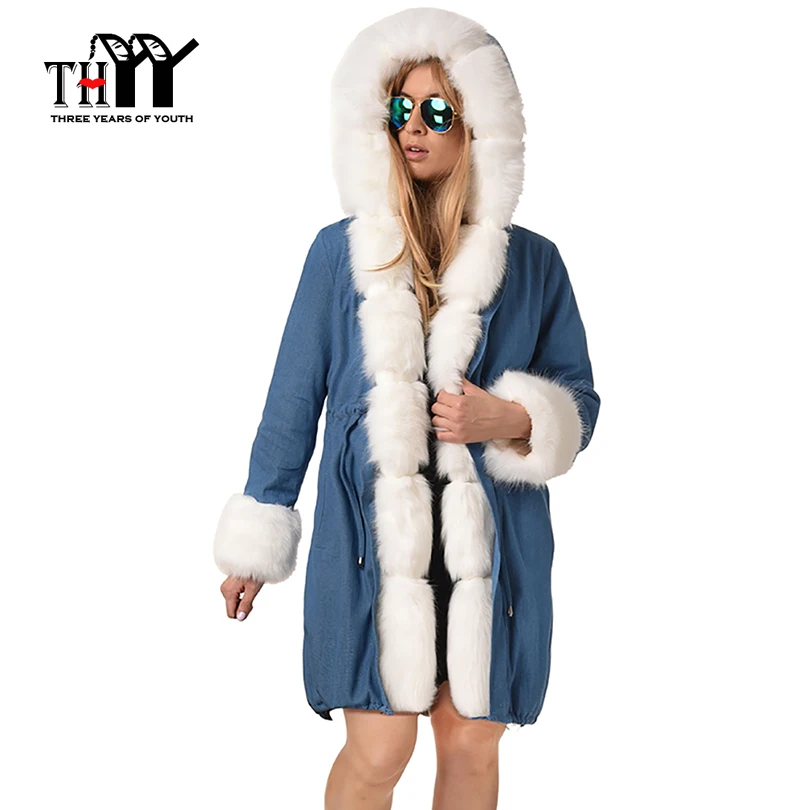 THYY 2018/19 зимняя куртка Для женщин джинсовая хлопок меха с капюшоном пальто