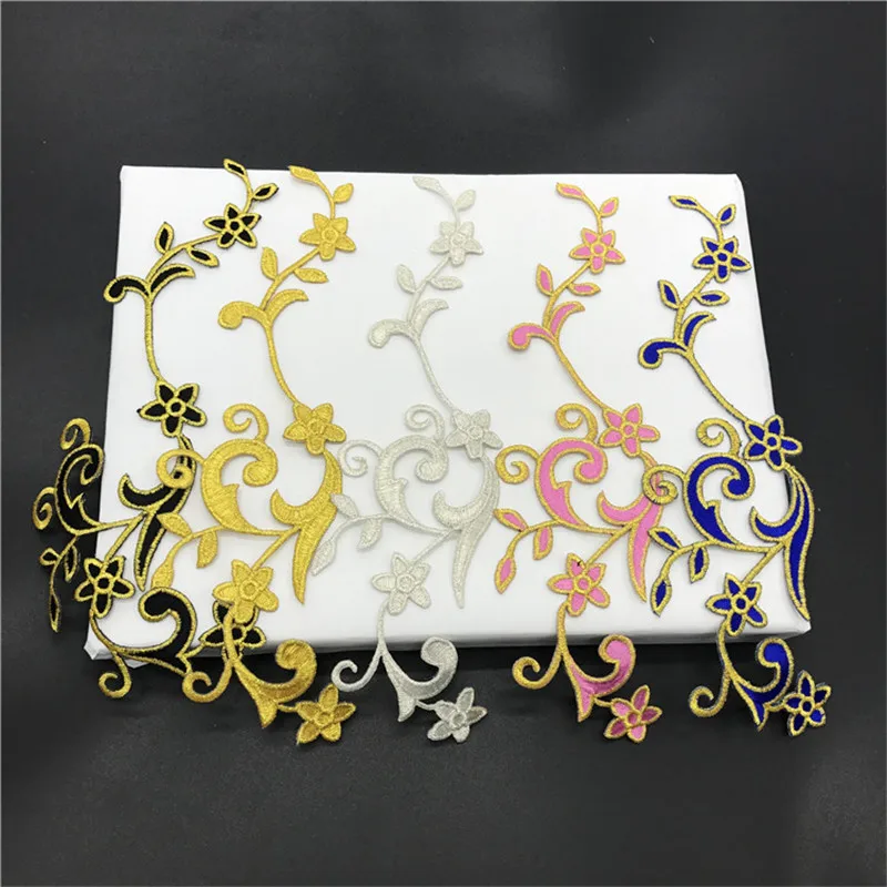 

5Pair Gold Embroidery Appliqued Lace Cosplay Costume Floral Patches Iron on Dance Dress Clothes Patch Diy 21*7.5CM Silver