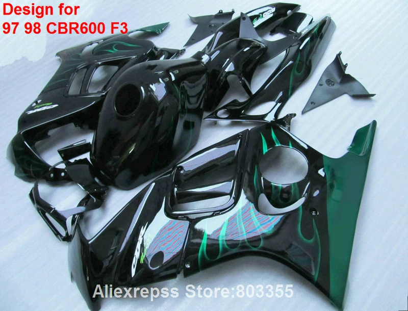 Мотоциклетные наборы для HONDA CBR600 F3 Обтекатели 1998 1997 (зеленый пламя) cbr 600 98 97