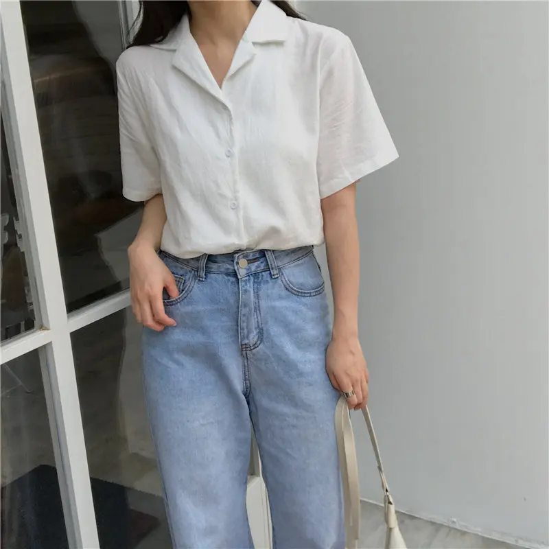 HziriP Винтажная летняя женская тонкая однотонная модная блуза с коротким рукавом