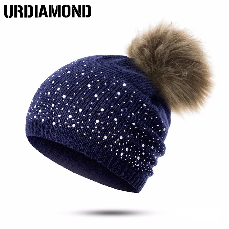 URDIAMOND, зимняя женская шапка, милая,, повседневная, однотонная, с бусинами, шапка, теплая, из искусственного меха, с помпонами, шапка для девочки