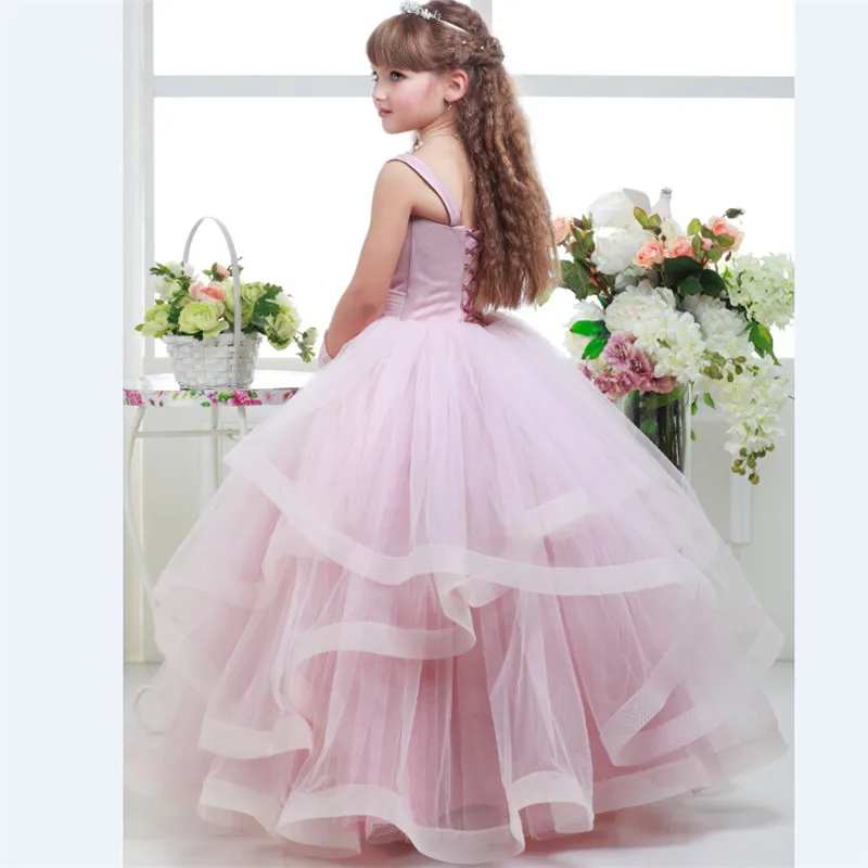 Святой Цветок Девушки Платья 2017 Розовый Цвет Бальное платье Ремни Ruffles Рукавов Из