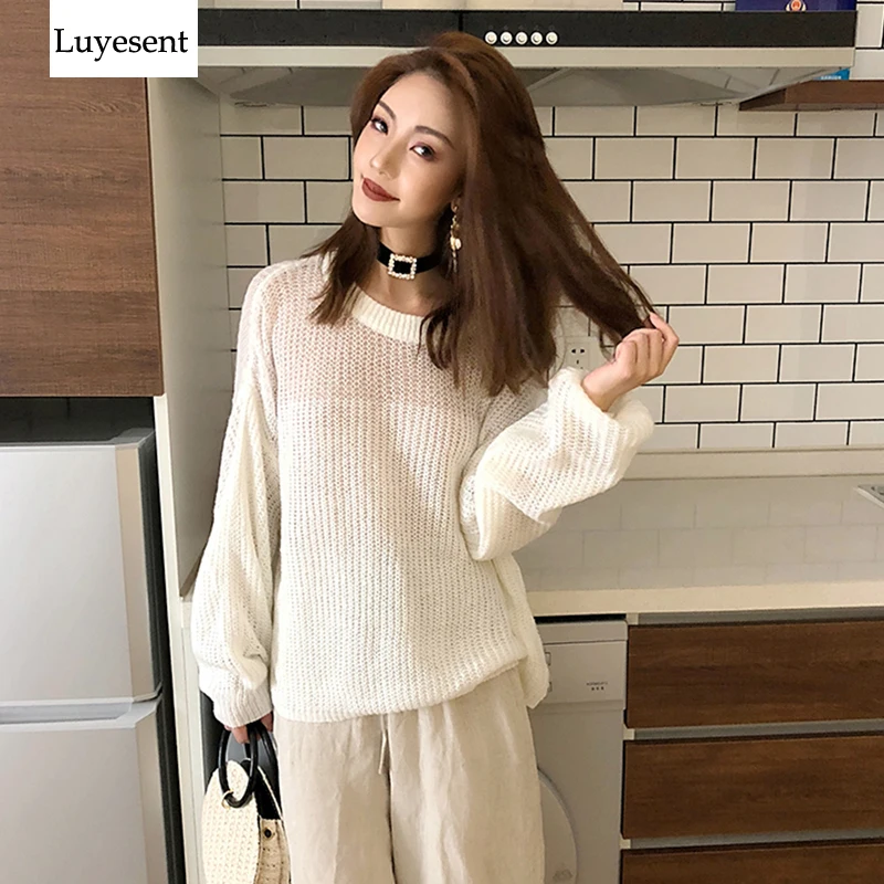 

Women Solid White 2020 Transparent hollowout Thin Pullover Sweater Femme Oversize See Through Sweaters Korean Style Big Size