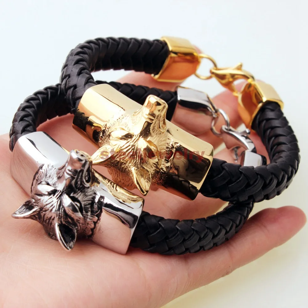 New Cool Men's Silver/Gold Stainless Steel Wolf Braided Black Genuine Leather Bracelet 8.26&quot15mm | Украшения и аксессуары