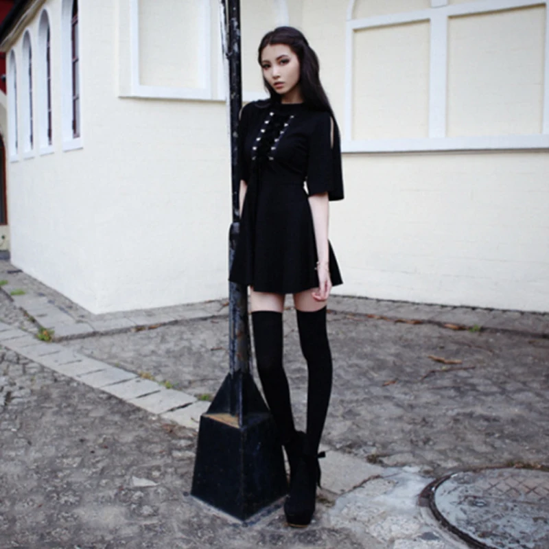 Готическое женское черное платье с лентами в стиле Харадзюку панк перекрестными