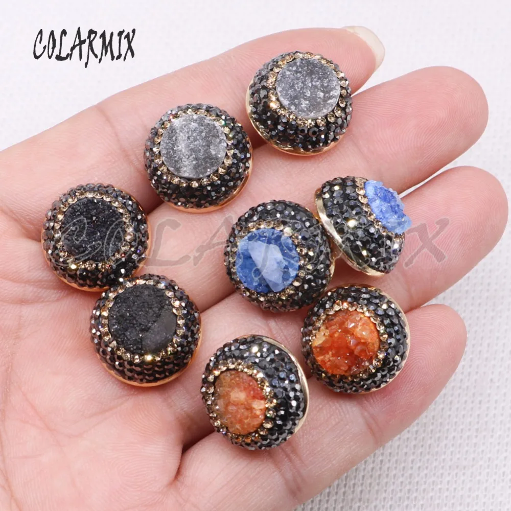 Женские круглые серьги с натуральной друзой золотистые металлические сережки