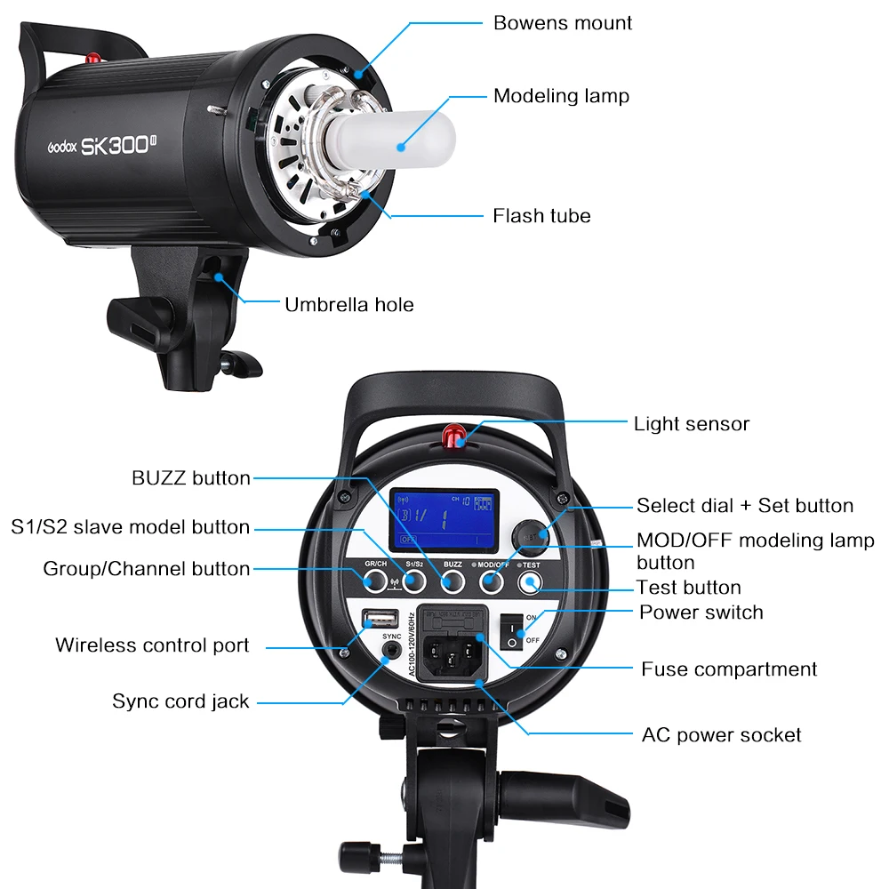 В наличии студийный стробоскоп Godox SK300II 300Ws со штепсельной вилкой европейского
