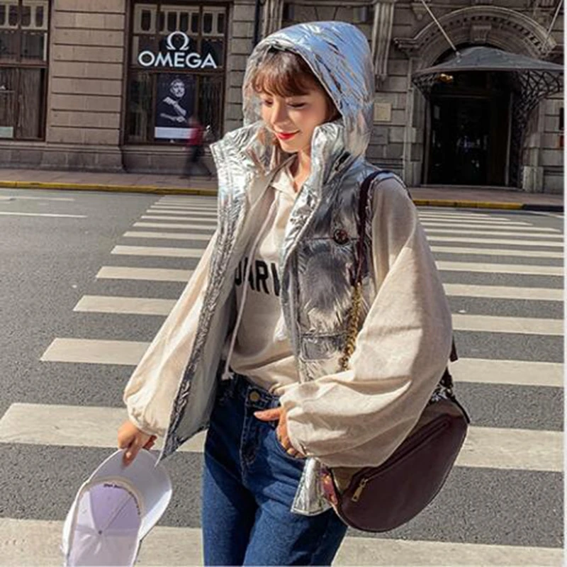 Женский Длинный жилет с капюшоном серебристый хлопковый пуховик в Корейском