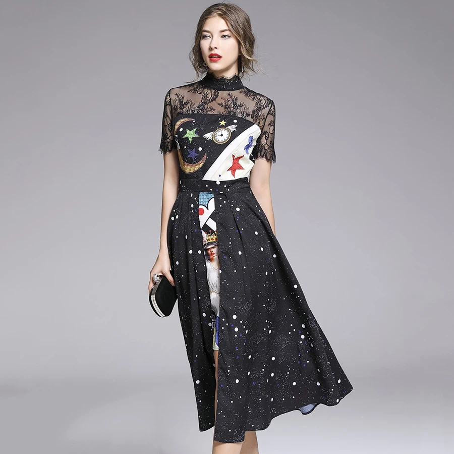 Женское кружевное лоскутное платье с коротким рукавом и воротником-стойкой