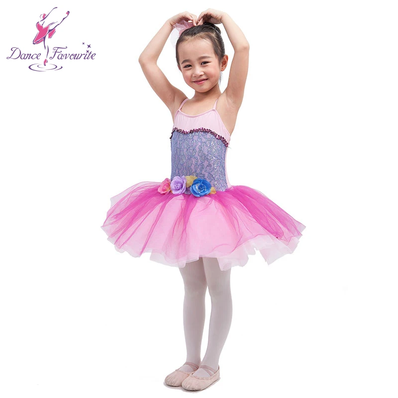 

Nice Dance Skirt Pink Spandex Bodice With Flowers Ballet Tutu Kid Dance Costume Ballerina Dance Tutu