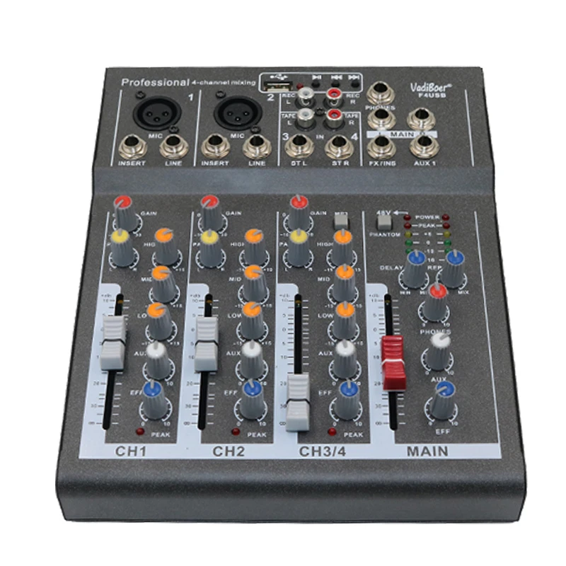 F4USB 4 канала эхо voic эффект микшер для сцены дома караоке DJ 48 В фантомное питание USB эхо voic эффект аудио микшер bluetooth