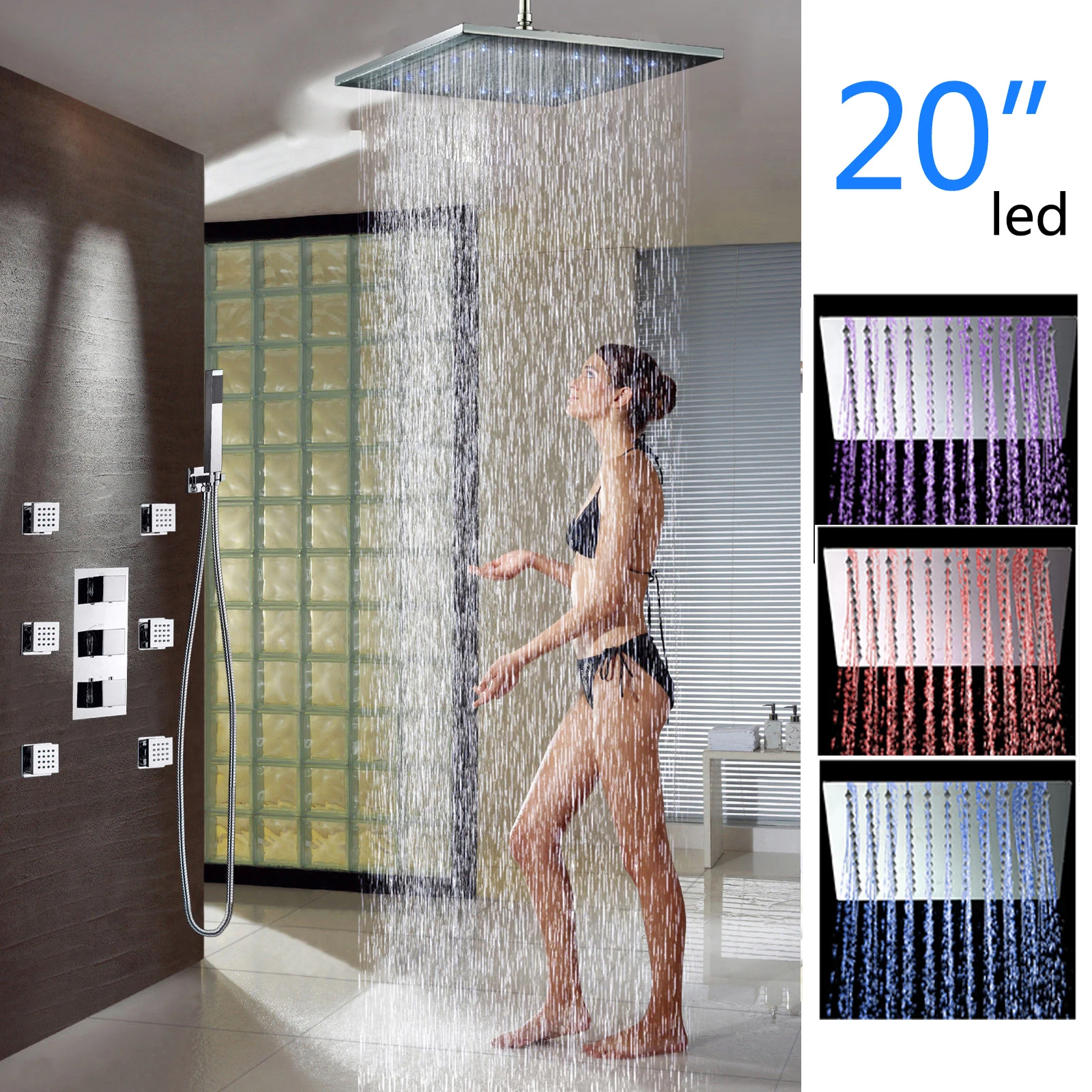 

LED 20 дюймов, современный, роскошный, нежный смеситель для душа, хромированный, полированный, с одной ручкой, керамический, для горячей и холодной воды, смеситель для ванной комнаты