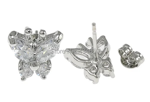 Free shipping!!!Brass Stud Earring Lucky Butterfly real silver plated micro pave cubic zirconia nickel lead &amp cadmium free |