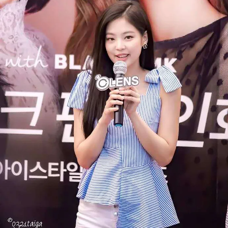 Kpop Blackpink Дженни та же Корейская летняя полосатая рубашка с бантом Женская модная рубашка с квадратным вырезом Непостоянные соединения женские Топы Harajuku