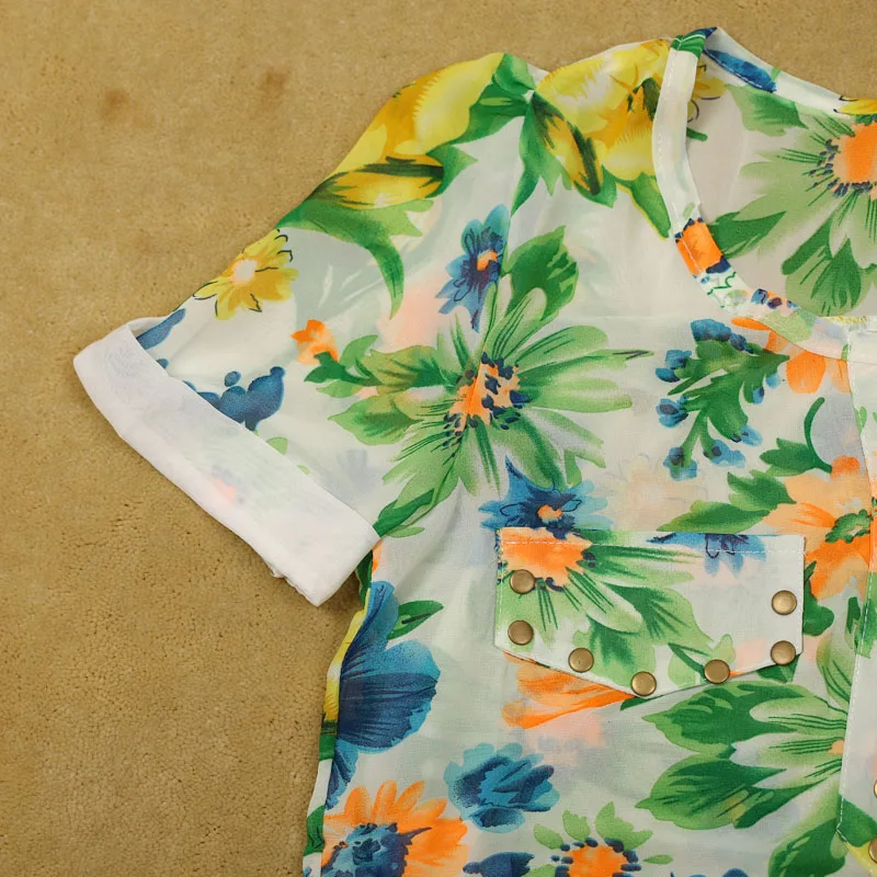 Женская шифоновая футболка с цветочным принтом летний топ коротким рукавом