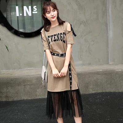 Хаки Комплект из 2 предметов, лето, Женская хлопковая длинная футболка без бретелек+ сетчатая Прозрачная Юбка, наборы, женская модная юбка с поясом, костюмы - Цвет: Хаки
