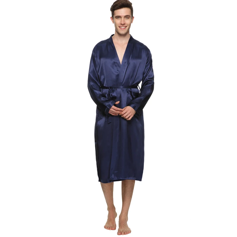 Solid Color Men Stain Robe Breathable V Neck Long Silk Bath Sleepwear Bridegroom Kimono Plus Size for Wedding Home Wear | Мужская одежда