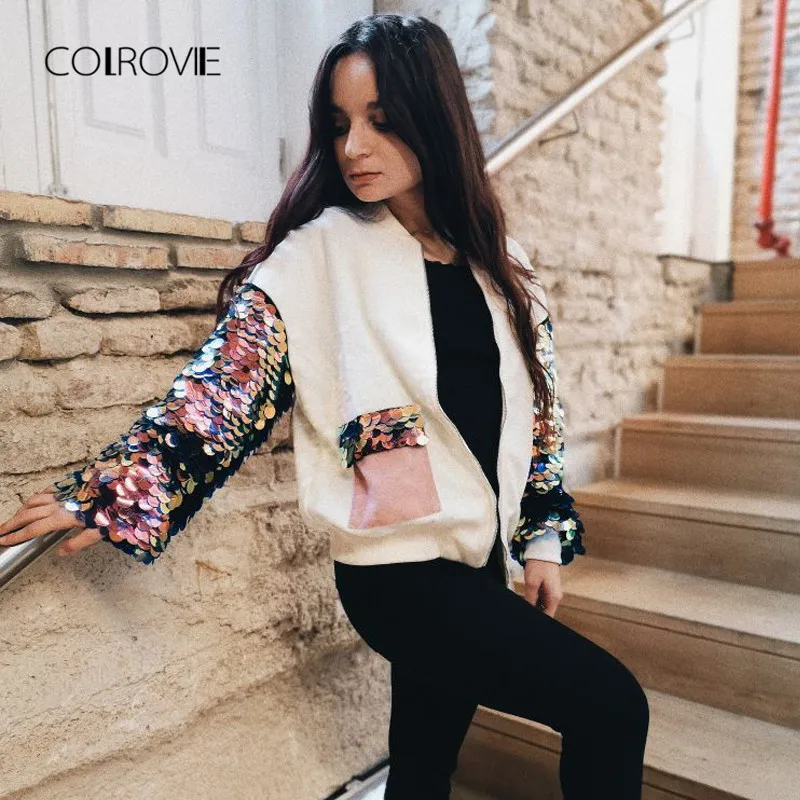 COLROVIE белая однотонная зимняя куртка с блестками и карманами, женские пальто, осень, уличная корейская мода, Офисная теплая элегантная женская верхняя одежда