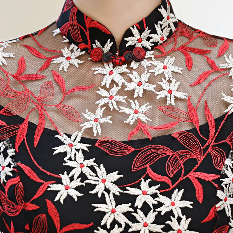 

2018 Long Cheongsam Fashion Chinese style Short Sleeve Dress Womens Embroidery Qipao Slim Party Dresses Summer Lady Vestido