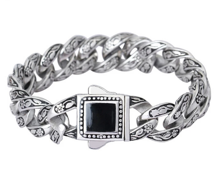 

Punk vintage Men Titanium steel curb Cuban chain Bracelet black Stone stainless steel Rose flower Biker bangle Jewelry 20-22cm