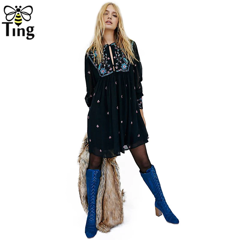 Tingfly Новое поступление свободный стиль Embroideery свободное мини-платье женское