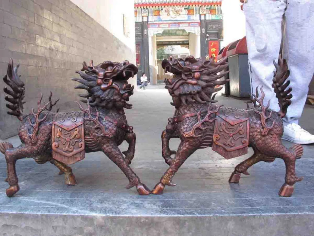 16 в китайском стиле Красный цвет бронза Медь Feng Shui зло Foo Dog Лев kylin статуя Kirin