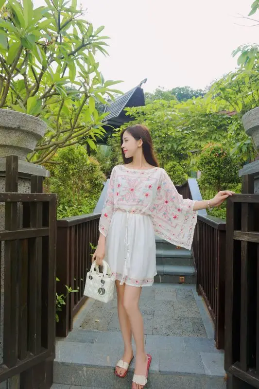 2018 Vintage Mexican Print Embroidery Women Chiffon O Neck Elastic Waist Loose Mini Dress Flare Half Sleeve Runway Boho Dresses | Женская