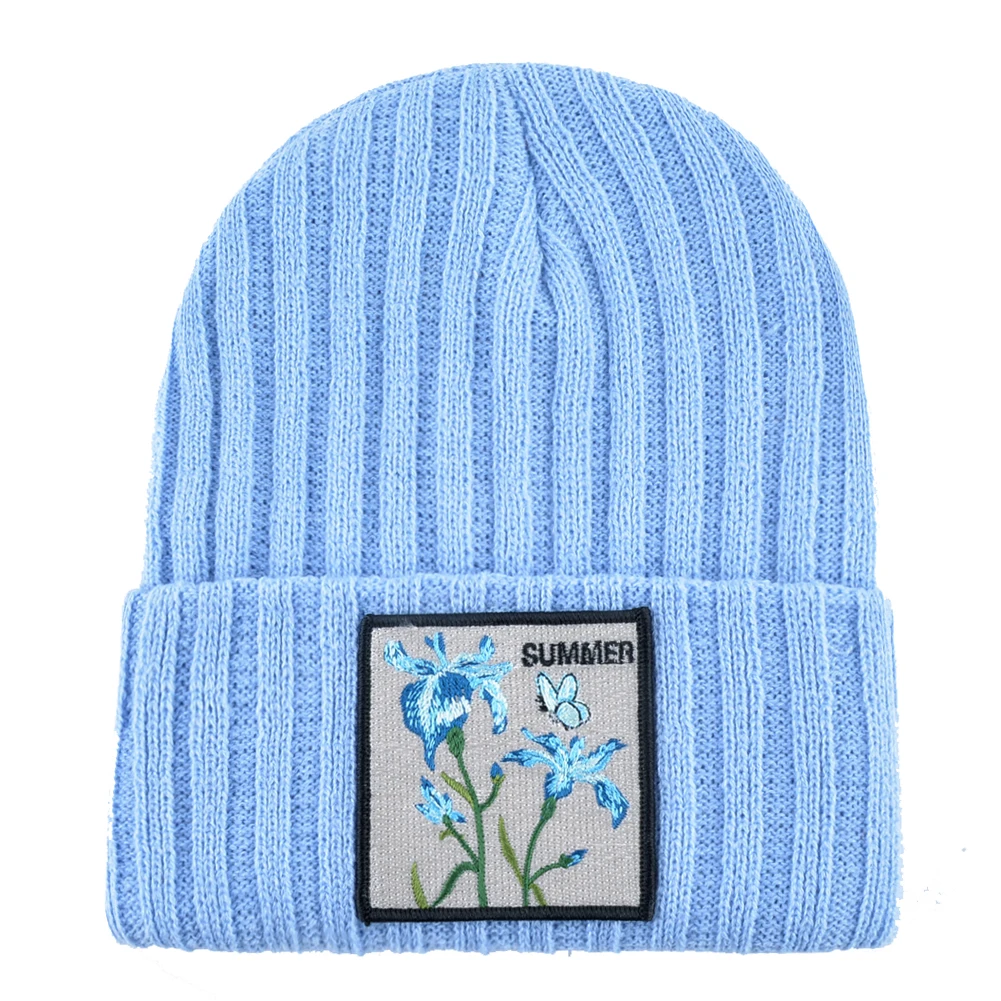 Вязаные шапки для женщин уличная одежда Skullies Beanies с цветком патч Весна Осень Вязание Gorra Мужская зимняя шапочка в стиле кэжуал Кепка