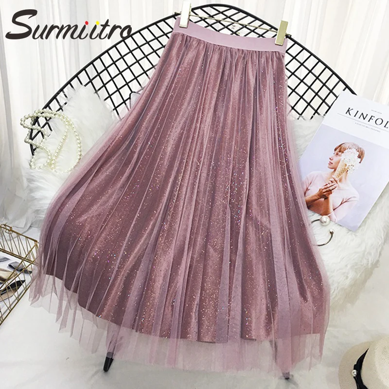Sequin Velvet Tulle Skirts Women 2018 Autumn Winter Long Korean Elegant High Waist Pleated A-line Blue School Skirt Female | Женская