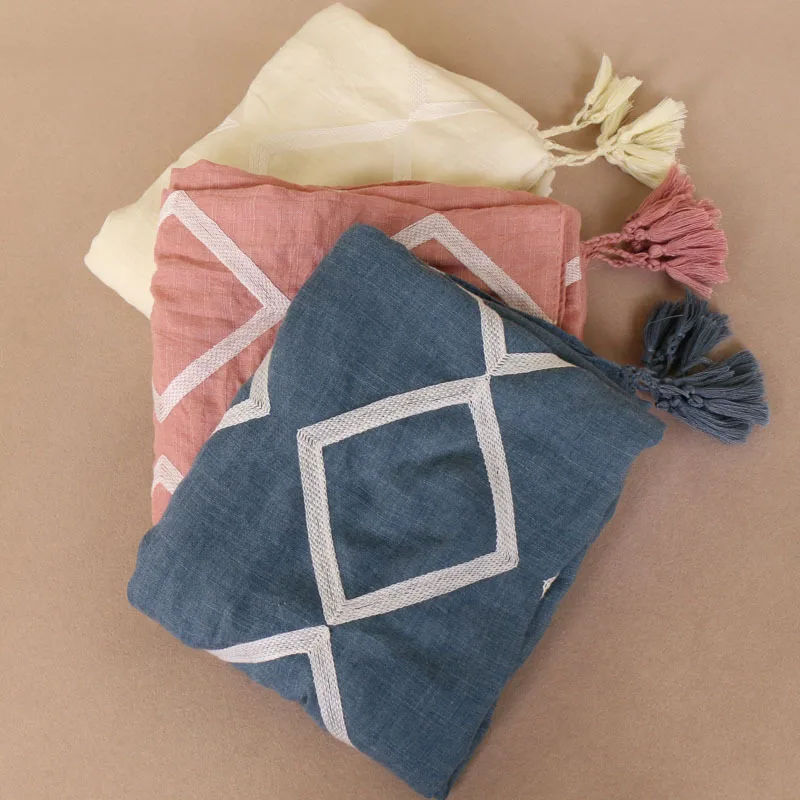 Мусульманский хлопковый шарф с геометрической вышивкой новый узор 2018 кисточки