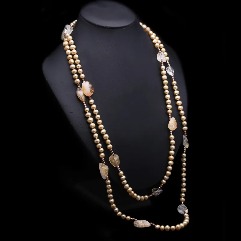 Длинное ожерелье цвета шампанского золотого и пресноводного жемчуга с