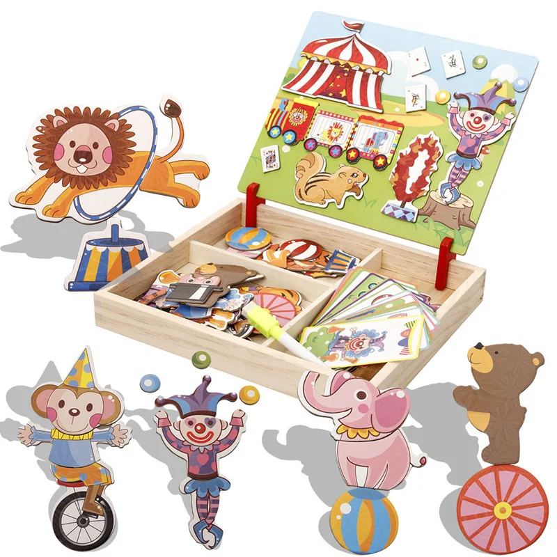 

Wooden Magnetic Puzzle Toys Children 3D Puzzle Figure/Animals/ Vehicle /Circus Drawing Board 11 styles Box Educational Toy Gift