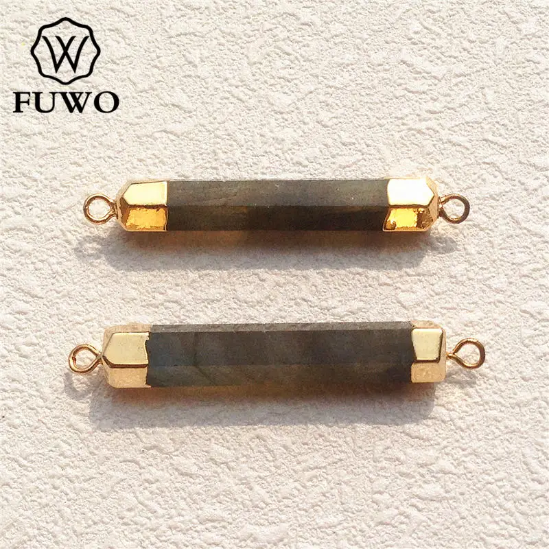 

FUWO Natural Labradorite Stick Connector Pendant 24K Gold Electroplated Multi Faceted Hexagon Vertical Bar Stone Jewelry PD087