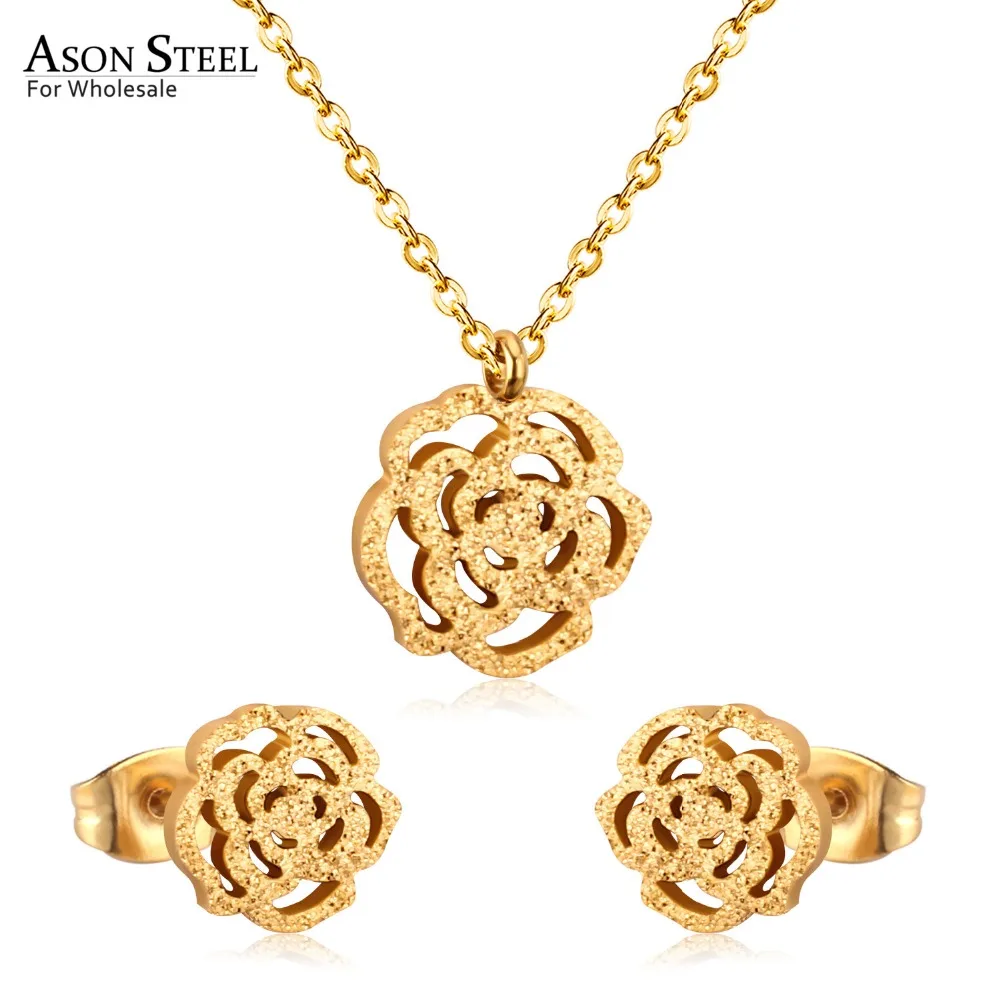 Frosted Gold ASONSTEEL Bridal Jewelry Sets Stainless Steel Gold/Silver Color Romantic Flower Shape Pendants Charm Chain Necklace Earring Sets - Окраска металла: Frosted Gold