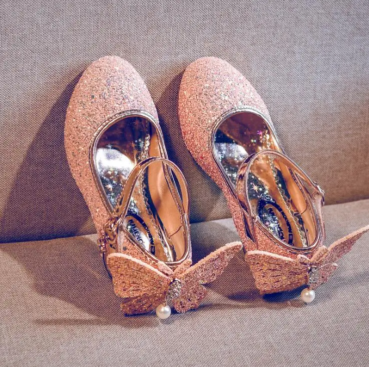 Fantasy fashion sequins Girls high heel princess shoes spring and autumn new Korean version butterfly children's shoes