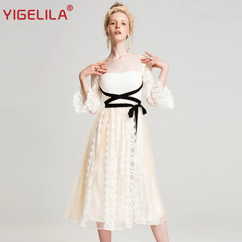 Женское кружевное платье миди YIGELILA облегающее с квадратным вырезом рукавами три