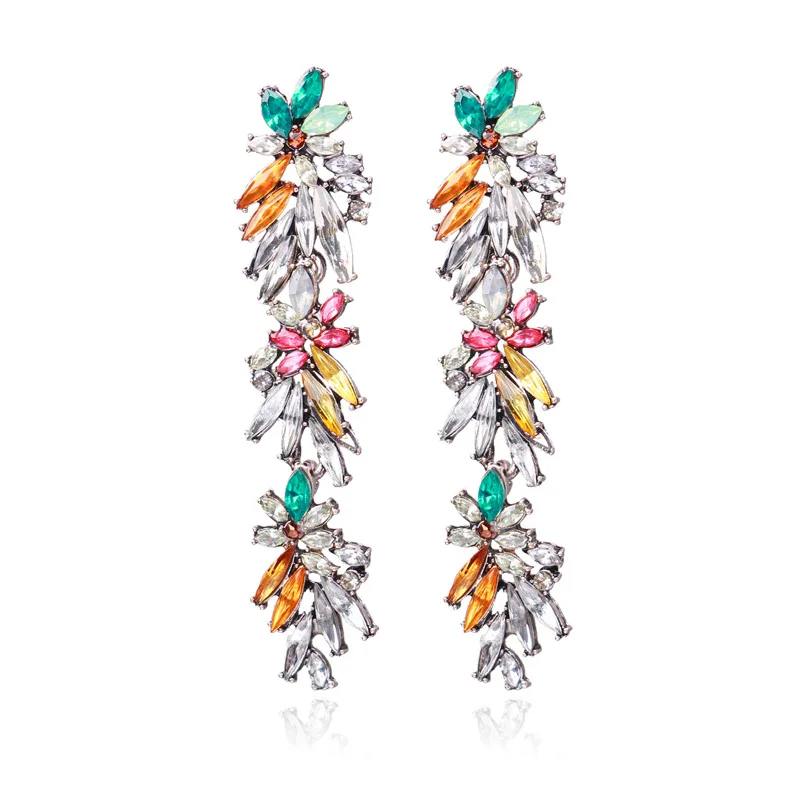 YONGMAN Colorful Flower Exaggerated Temperament Crystal Earrings Dangle Full Rhinestones Big Long Earring Ear Woman Jewellery | Украшения и