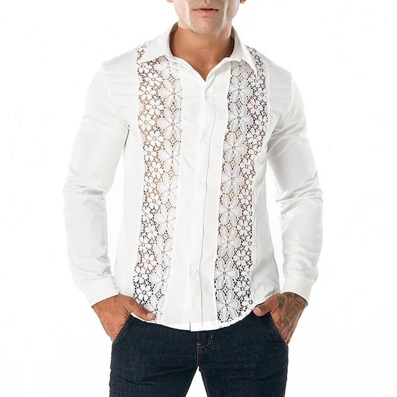 Мужская приталенная рубашка 903 B224 Повседневная Блузка с цветочным кружевом