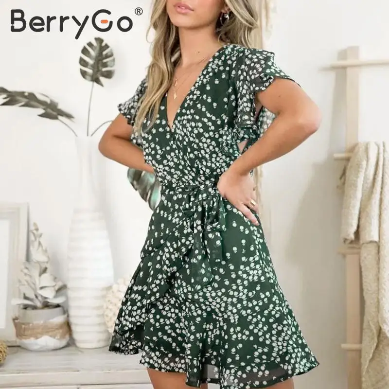 BerryGo Элегантное летнее пляжное платье с принтом для женщин v-образный вырез