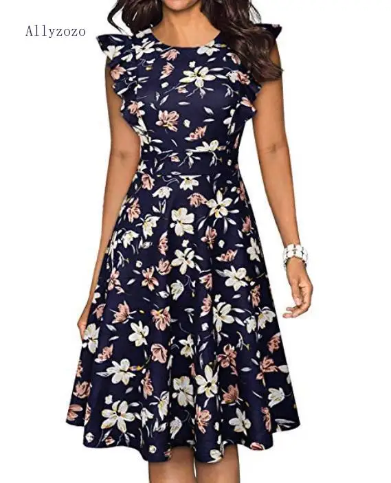 Allyzozo Women Summer Dot Print Ruffles Sleeve Dresses Streetwear High Waist A-line Vestidos | Женская одежда