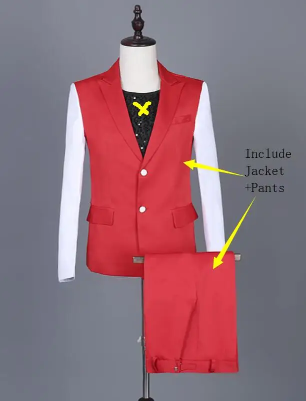 C Red-White Stitching Blazers Set One Button Slim Fit Tuxedo Suit Men's Wedding Groomsmen Dress Singer Group Performance Costumes - Цвет: C