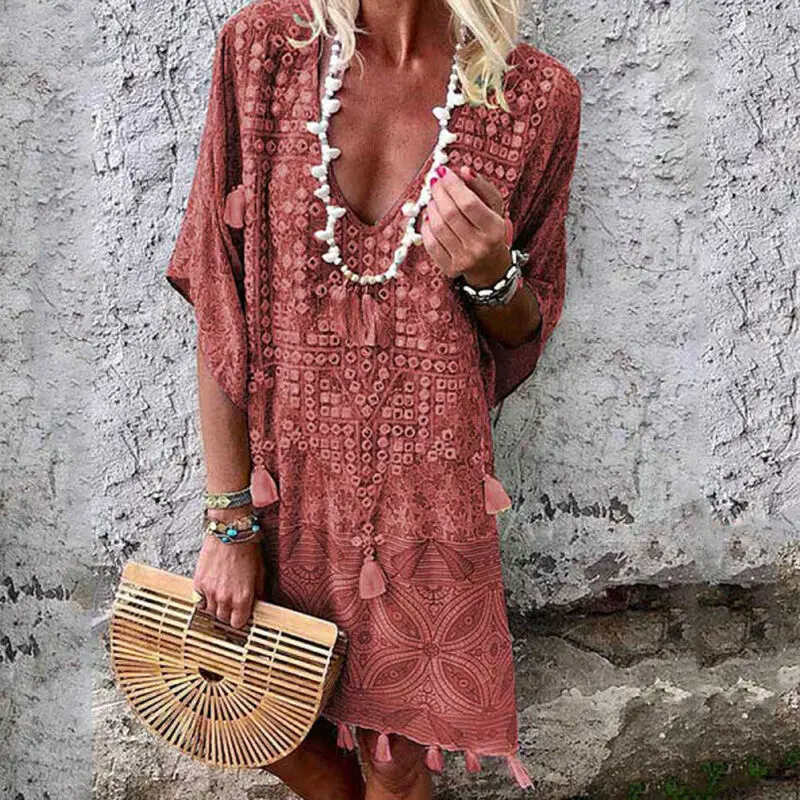 

Bohemian V-neck print dress V-neck is suitable for seaside holiday women's dress Size S-3XL